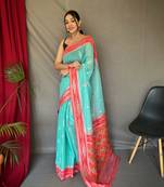 Traditional Blue Ikat Work Linen Saree For Girls
