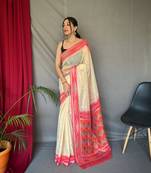 Traditional Crean Ikat Work Linen Saree For Girls