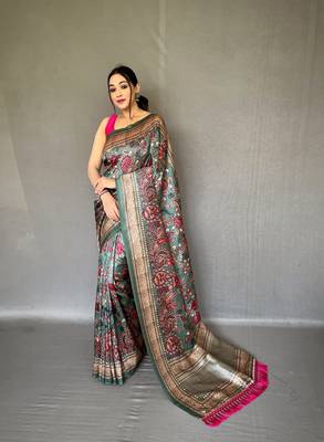 Green Soft silk blend Saree With Kalamkari Print 1