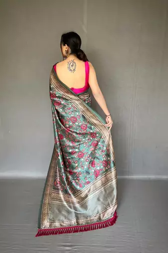 Green Soft silk blend Saree With Kalamkari Print