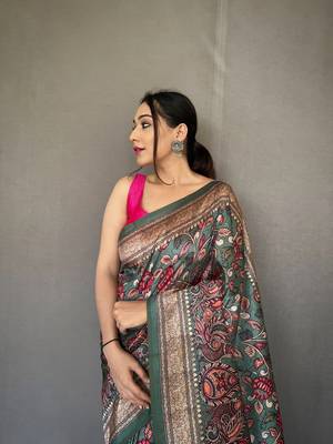 Green Soft silk blend Saree With Kalamkari Print 3