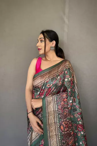 Green Soft silk blend Saree With Kalamkari Print