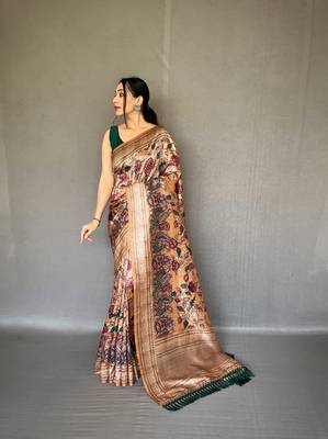 Mustard Soft silk blend Saree With Kalamkari Print 1