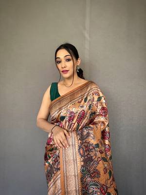 Mustard Soft silk blend Saree With Kalamkari Print 3
