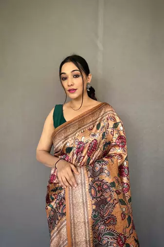 Mustard Soft silk blend Saree With Kalamkari Print