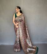 Grey Soft Silk Blend Saree With Kalamkari Print