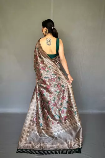 Grey Soft silk blend Saree With Kalamkari Print
