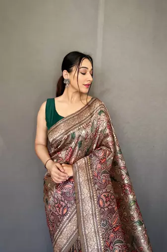 Grey Soft silk blend Saree With Kalamkari Print