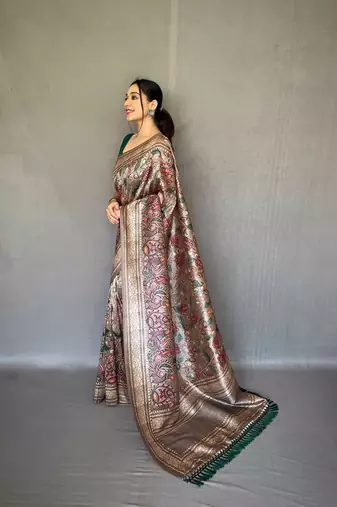 Grey Soft silk blend Saree With Kalamkari Print
