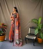 Orange Cotton c Traditional Kalamkari Print Saree