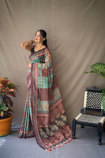 Blue Cotton c Traditional Kalamkari Print Saree