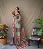 Blue Cotton c Traditional Kalamkari Print Saree