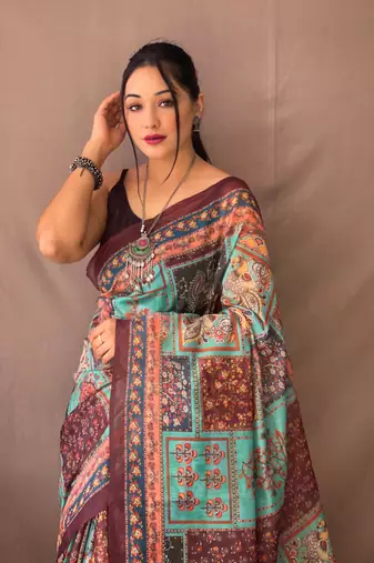 Blue Cotton c Traditional Kalamkari Print Saree
