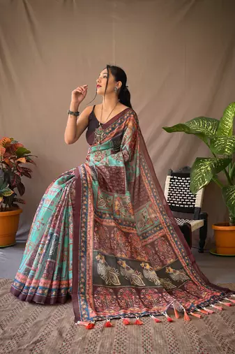 Blue Cotton c Traditional Kalamkari Print Saree