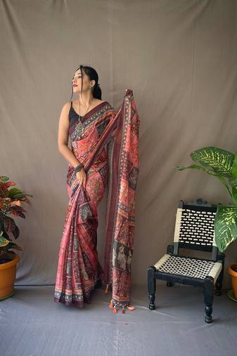 Pink Cotton c Traditional Kalamkari Print Saree