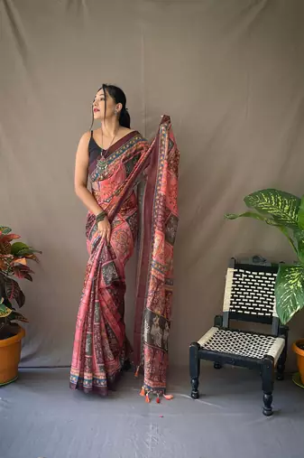 Pink Colour Cotton Fabric Traditional Kalamkari Print Saree