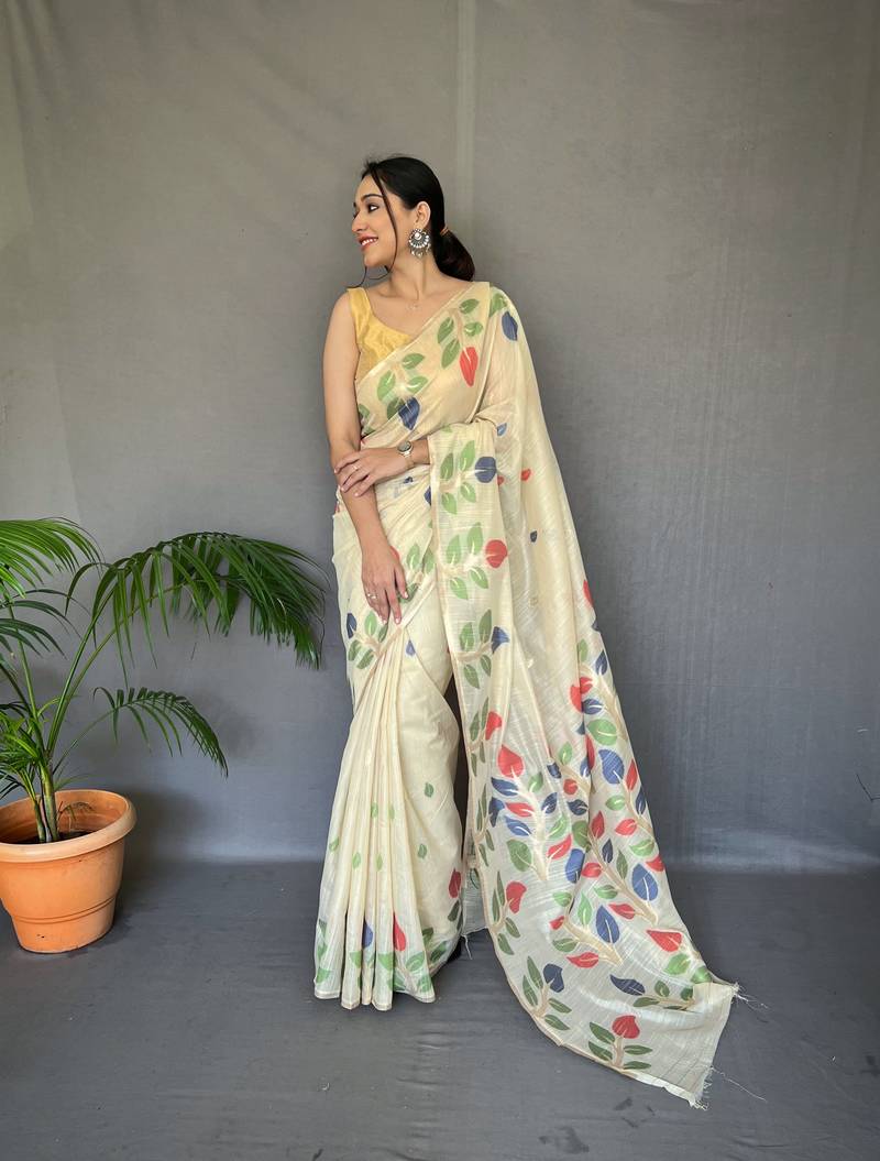 Cream Colour Designer Floral Weaving Multy Designer Saree