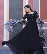 Black Colour Designer Embroidered Gown With Floral Print Dupatta