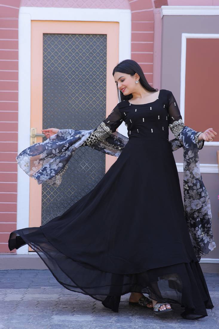 Black Colour Designer Embroidered Gown With Floral Print Dupatta