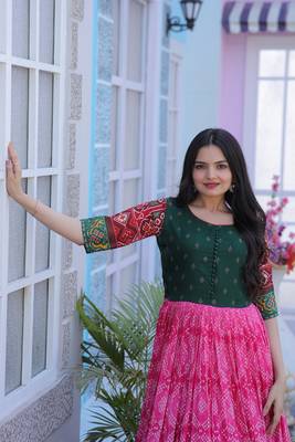 Pink Colour Patola Gold Print Dola Silk Partywear Gown 3