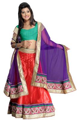 Red embroidered net unstitched lehenga-choli 1