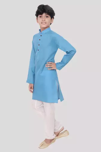 Blue printed cotton boys-kurta-pyjama