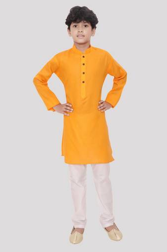 Yellow printed cotton boys-kurta-pyjama