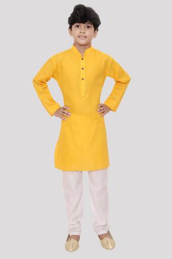 Yellow printed cotton boys-kurta-pyjama