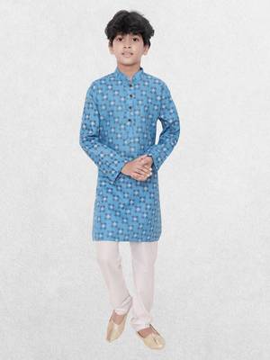 Blue printed cotton boys-kurta 1