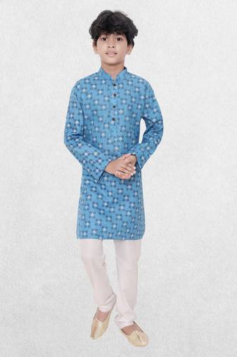 Blue printed cotton boys-kurta-pyjama