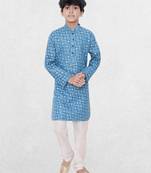 Blue printed cotton boys-kurta
