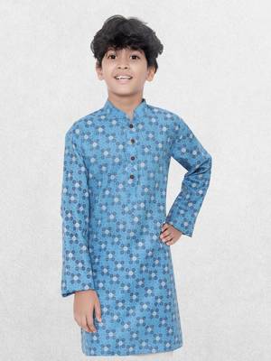 Blue printed cotton boys-kurta 4