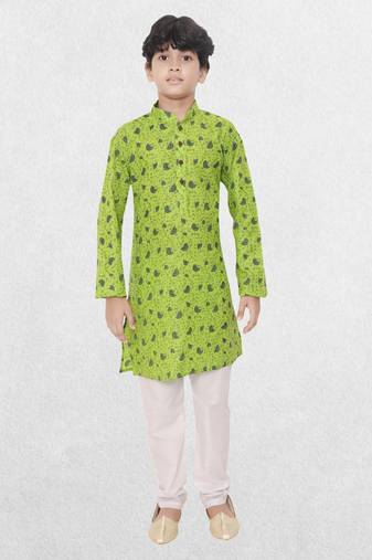 Green printed cotton boys-kurta-pyjama