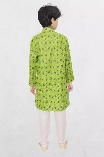 Green printed cotton boys-kurta-pyjama