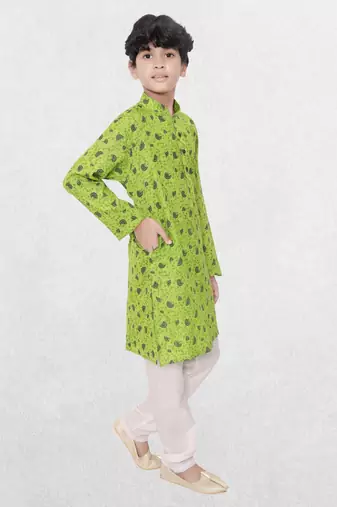 Green printed cotton boys-kurta-pyjama