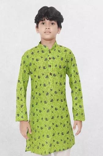 Green printed cotton boys-kurta-pyjama