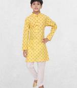Yellow printed cotton boys-kurta-pyjama