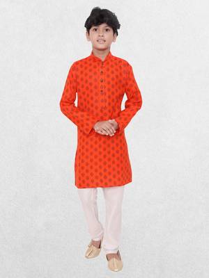 Orange printed cotton boys Only kurta 1