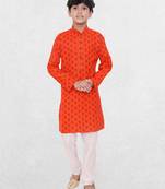 Orange printed cotton boys Only kurta