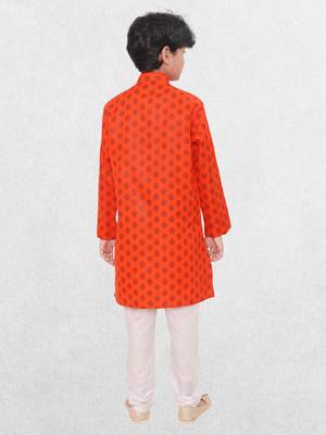 Orange printed cotton boys Only kurta 2