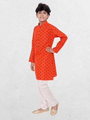 Orange printed cotton boys Only kurta 3