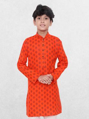 Orange printed cotton boys Only kurta 4