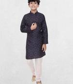 Navy blue printed cotton boys-kurta