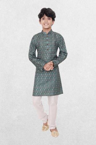 Blue printed cotton boys-kurta-pyjama