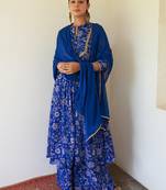 Janasya rashmika x saji saheli - women's dark blue georgette digital floral printed kurta with palazzo and dupatta
