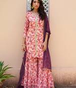 Janasya rashmika x saji saheli - women's peach georgette digital floral printed kurta with sharara and dupatta