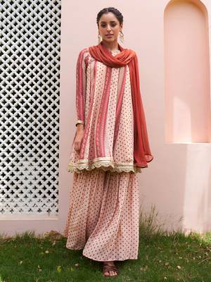 Janasya rashmika x saji saheli - women's multicolor georgette digital floral printed kurta with sharara and dupatta 1