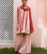 Janasya rashmika x saji saheli - women's multicolor georgette digital floral printed kurta with sharara and dupatta