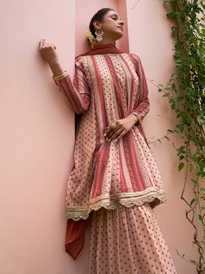 Janasya rashmika x saji saheli - women's multicolor georgette digital floral printed kurta with sharara and dupatta 3