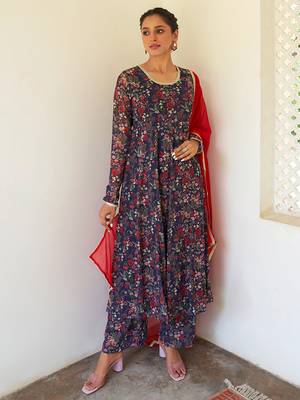 Janasya rashmika x saji saheli - women's dark blue georgette digital floral printed kurta with palazzo and dupatta 1